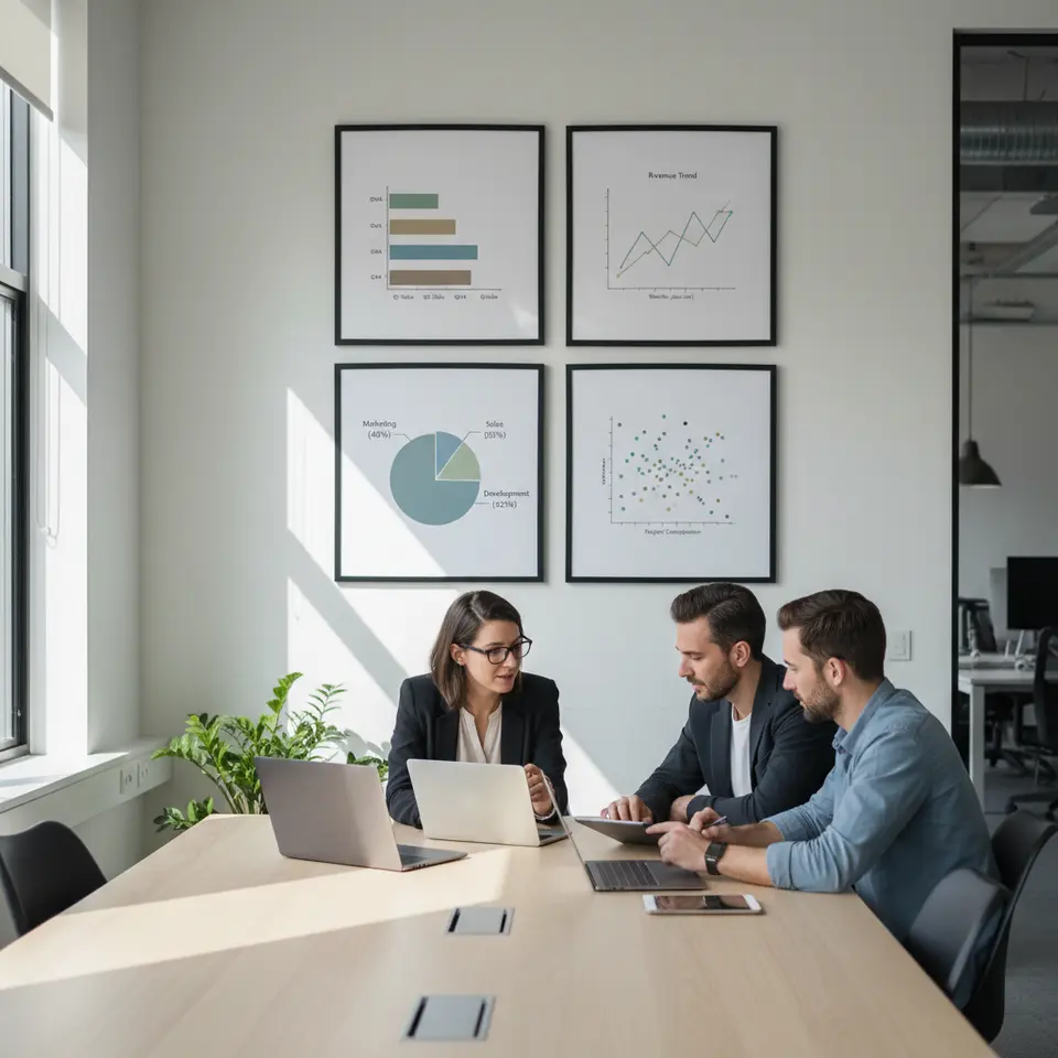 A grid of four simplified chart illustrations: a bar chart comparing discrete categories, a line graph showing trends over time, a pie chart with distinct colored slices, and a scatter plot revealing variable correlations—each rendered in a cohesive, minimal color palette and clean labels