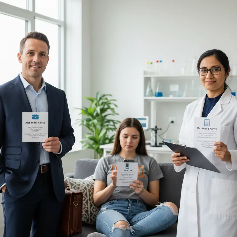A set of three user persona cards showing distinct target audiences: a corporate executive in formal attire with a briefcase icon, a young consumer with casual clothing and a smartphone icon, and a medical researcher in a lab coat with a clipboard icon—each card includes name, role, demographics, and preferred content channels