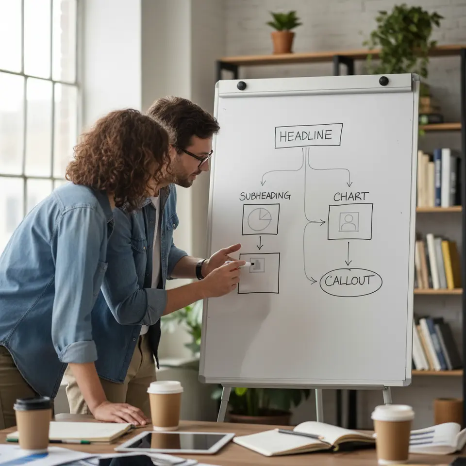 Mapping the Narrative Flow: a clean storyboard or flowchart layout showing the step-by-step structure of an infographic design—blocks labeled headline, subheading, chart, icon and callout arranged in logical sequence with arrows connecting them and light placeholder shapes to indicate where each visual element goes
