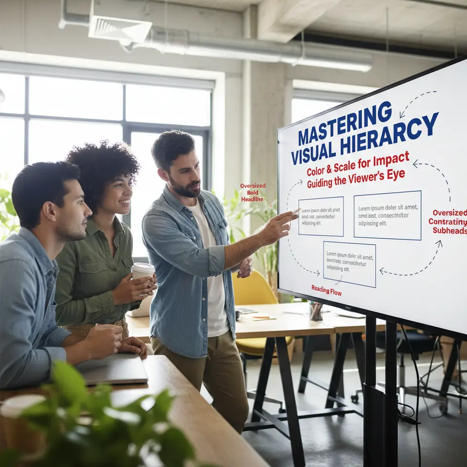 Establishing Visual Hierarchy: an annotated infographic mockup that highlights key design principles—oversized bold headline in one color, secondary subheadings in a contrasting hue, body text blocks with proper line spacing, ample whitespace between sections, and directional arrows showing the viewer’s eye path