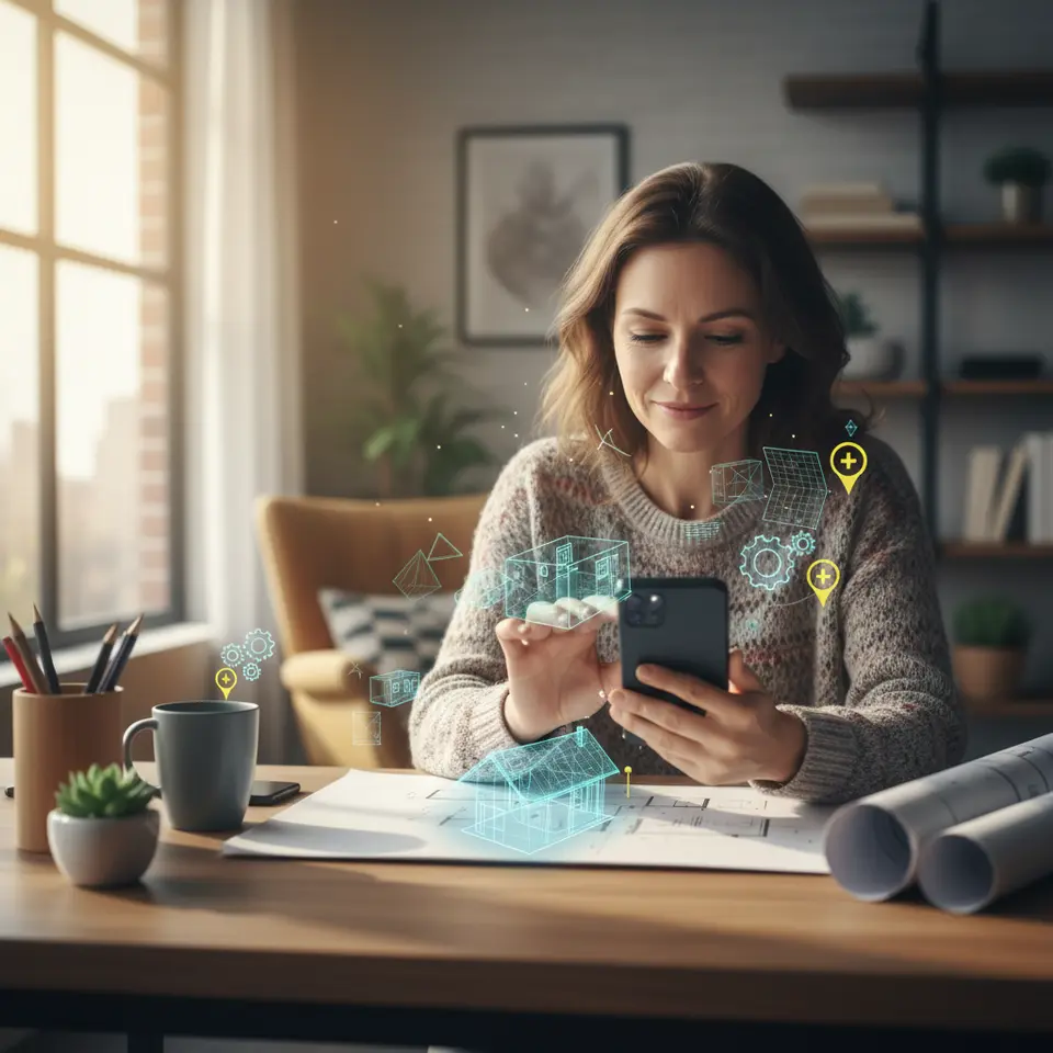 Core AR Overlay Concept: A user holding a smartphone in a real-world setting (e.g., an office desk or tabletop), with the screen showing layered AR content—vector illustrations, semi-transparent 3D models, animated icons, and interactive hotspots—seamlessly anchored to physical surfaces under natural lighting.