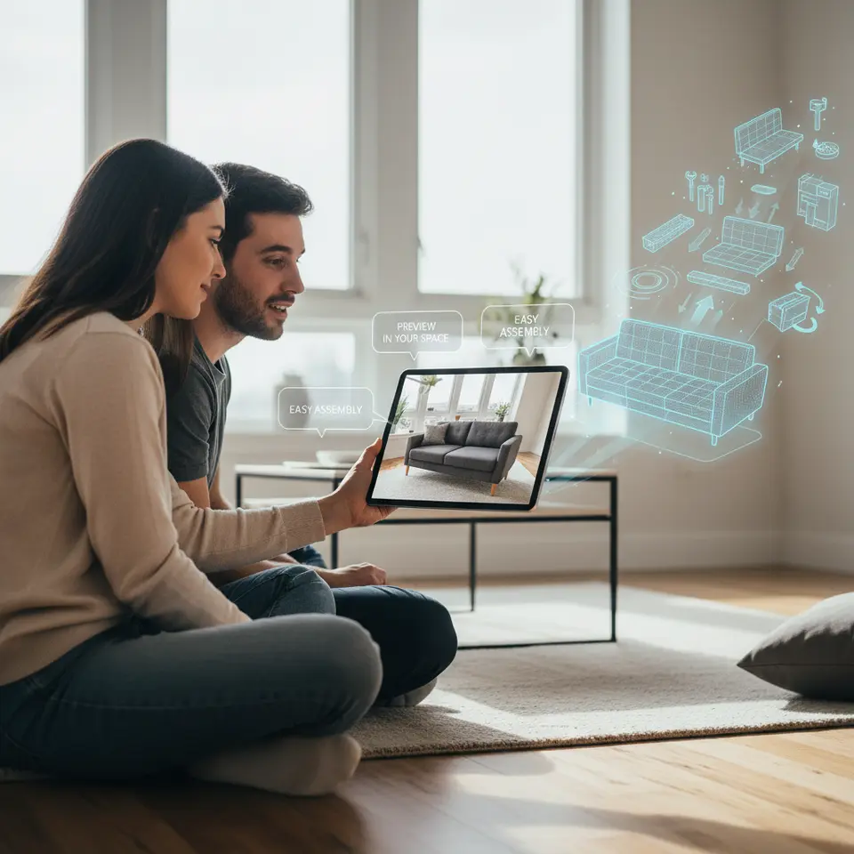 Immersive Brand Storytelling in Home Decor: A modern living room scene viewed through a tablet or phone camera, with a true-to-scale virtual sofa appearing in place; floating digital callouts and an animated product manual rising from the tablet, illustrating how furniture preview and step-by-step instructions come to life in augmented reality.