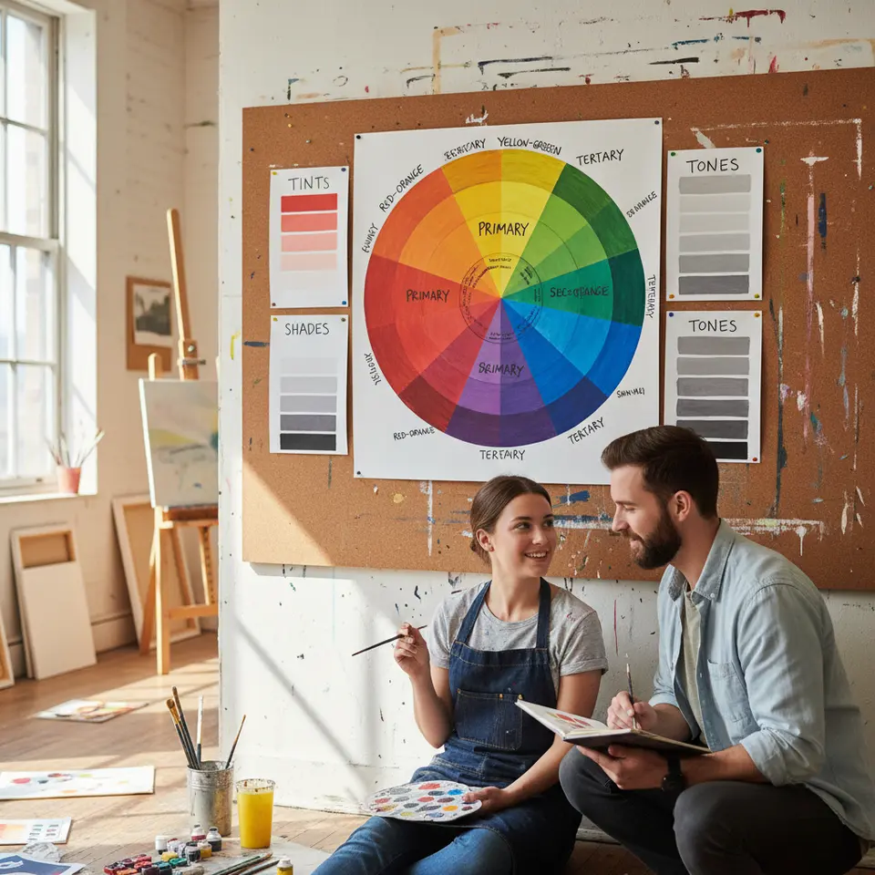 An annotated color wheel showing primary (red, blue, yellow), secondary (green, orange, purple), and tertiary hues, with side panels illustrating tints (hue + white), shades (hue + black), and tones (hue + gray) to demonstrate saturation and value adjustments.